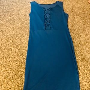 Dark teal blue dress with cross cross front